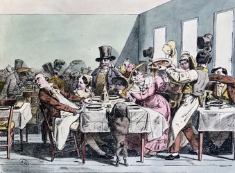 Deliciosa experiência de uma família em um restaurante lotado, c.1860